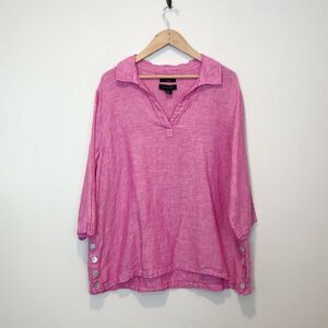 Tahari Pink Collared Linen Top with Side Button Detail Lagenlook Boho Size 2X